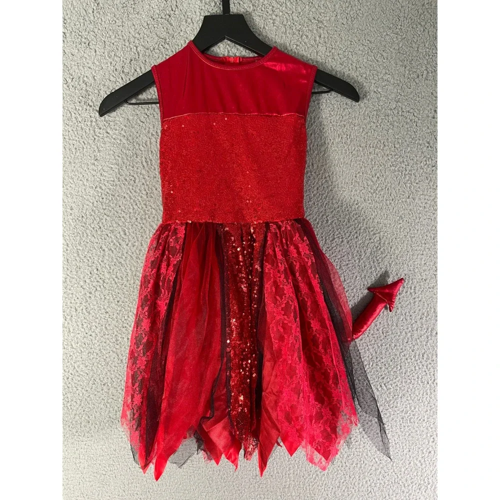 Spirit Halloween Girls Red Devil Costume Dress‎ Size S Sparkle Lace Tail
